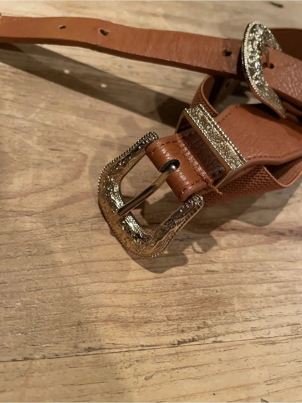 Brown Gold Embossed Double Buckle Belt equestrian Western Rodeo M L